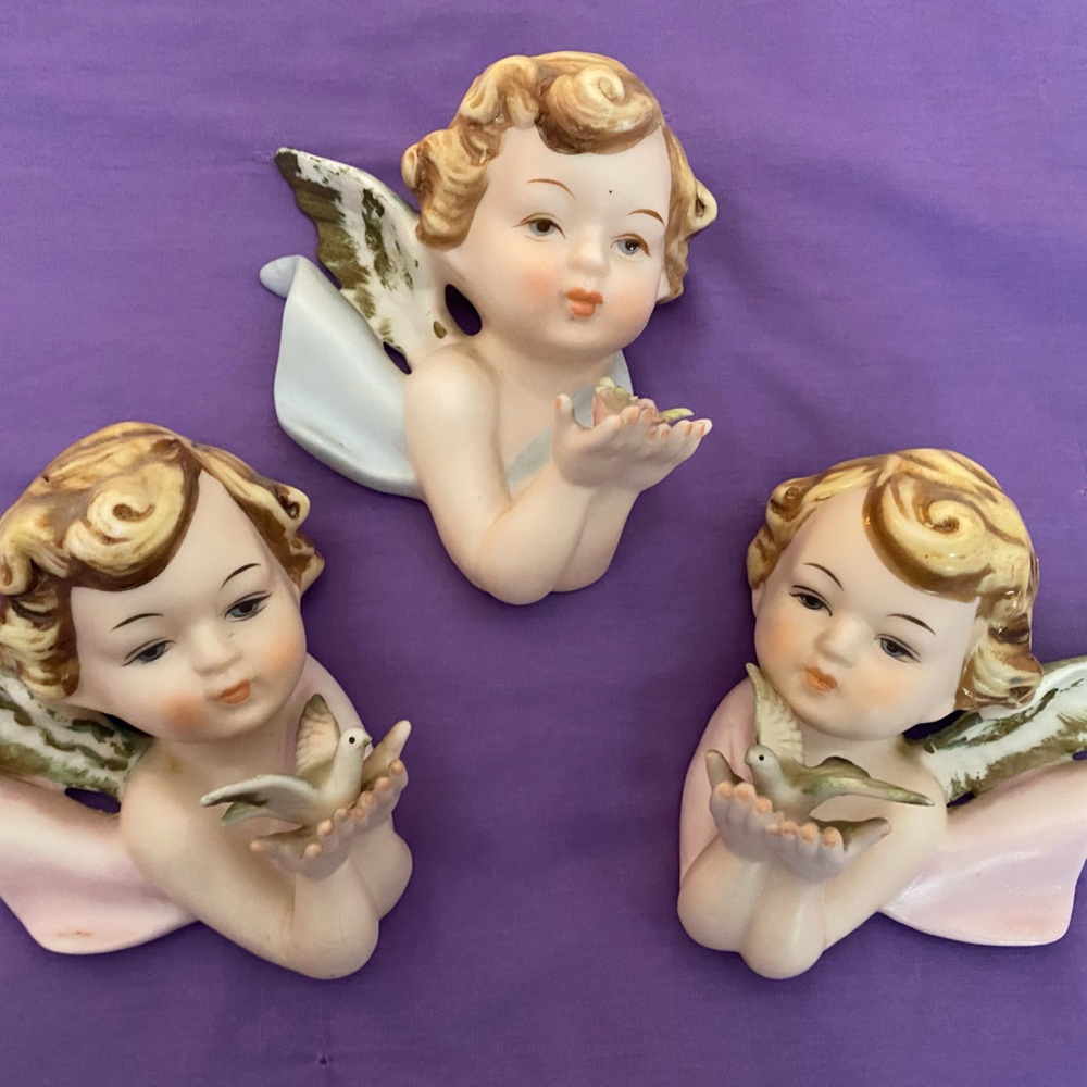Trio of Bradley Exclusives Hand-Painted Bisque Angels/Cherubs Made in Japan